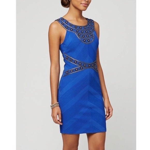 Free People Dresses & Skirts - Free People Royal Blue Embroidered Bib Chevron Textured Mini Dress Size Small